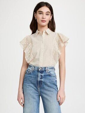 THEORY Ecru Beige Nova Eyelet Cotton Broderie Ruffle Button Front Blouse, Size S